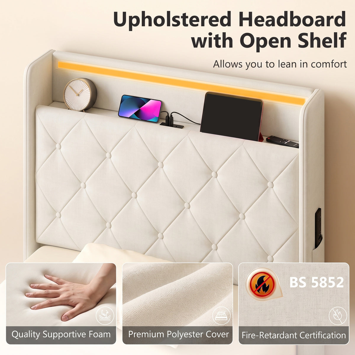 3ft Single Bed Frame with Headboard, Platform Bed Frame with Hydraulic Storage, LED Lights and Charging Station, White