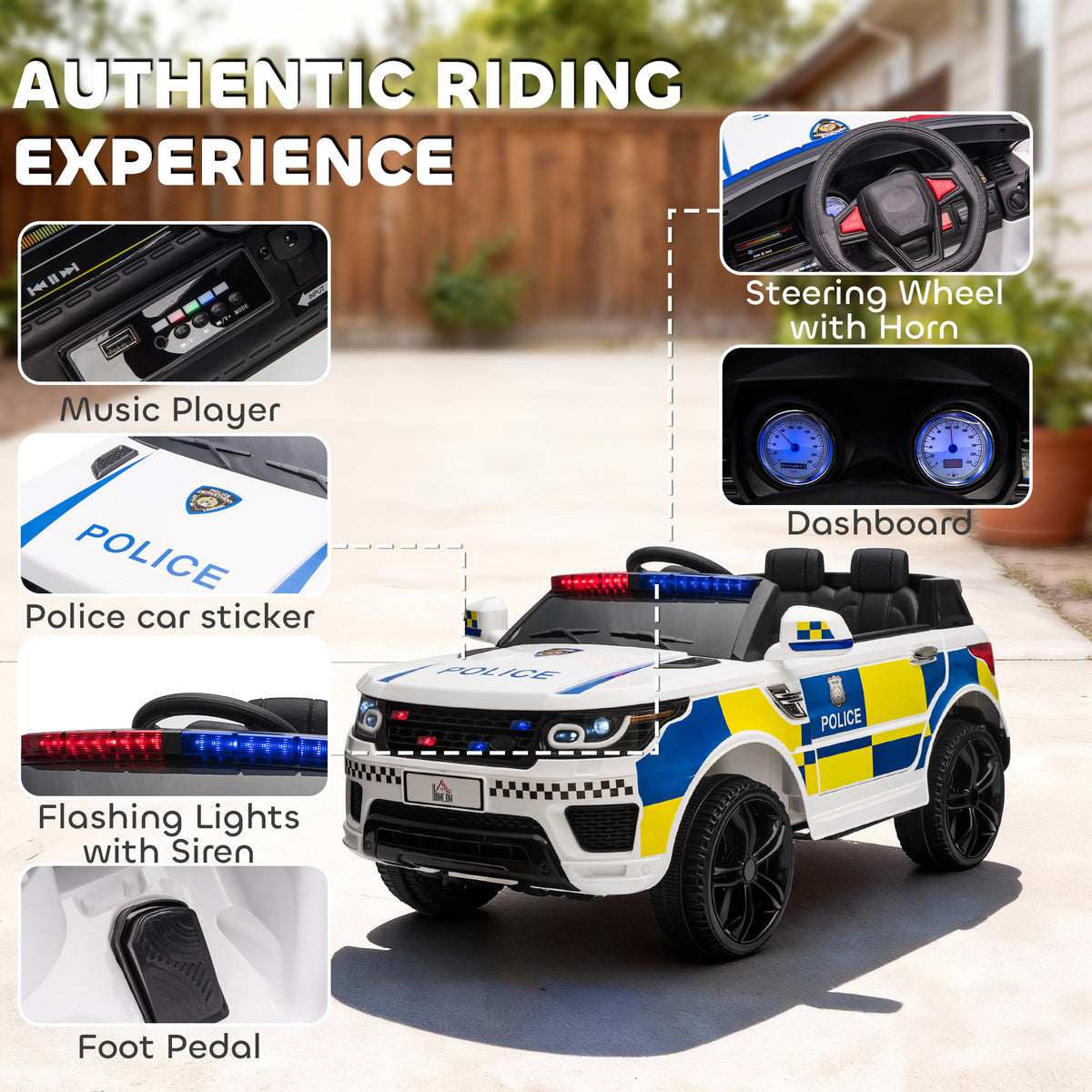 Ride on Police Kids Car 12V Electric Car for 3-6 Years with Remote Control Siren Flashing Lights Suspension, White