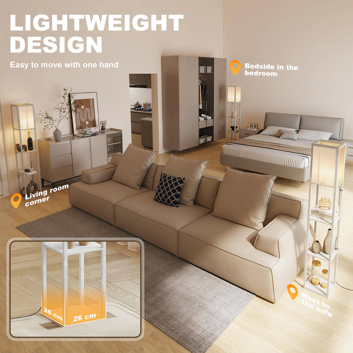3-Tier Floor Lamp with Shelves and Storage, Modern Corner Standing Lamp with Lampshade, Foot Switch for Living Room, Bedroom, Home Office, Bulb not Included, White