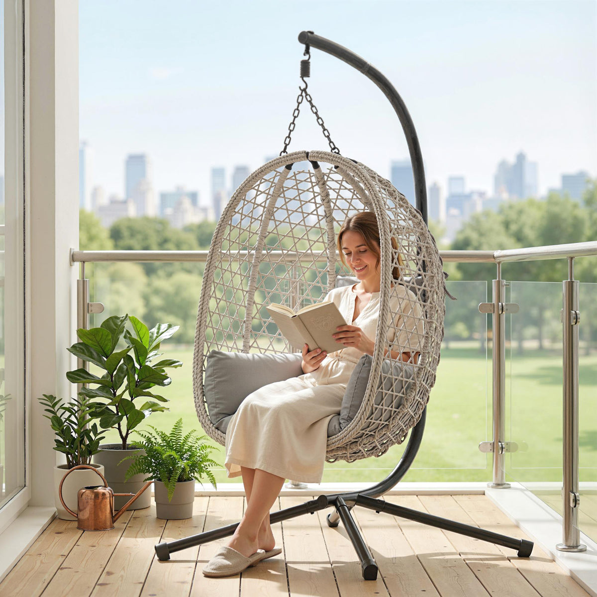 Hanging Egg Chair, Indoor Outdoor Rattan Hammock Swing Chair with Stand, Safety Strap, Foldable Basket