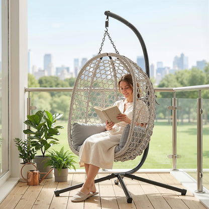 Hanging Egg Chair, Indoor Outdoor Rattan Hammock Swing Chair with Stand, Safety Strap, Foldable Basket