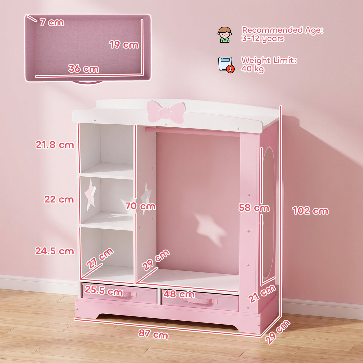 Kids Wardrobe with Lighted Mirror, Clothes Rail, Jewelry Cabinet, Shelves, Storage Boxes for Bedroom, Nursery, Pink