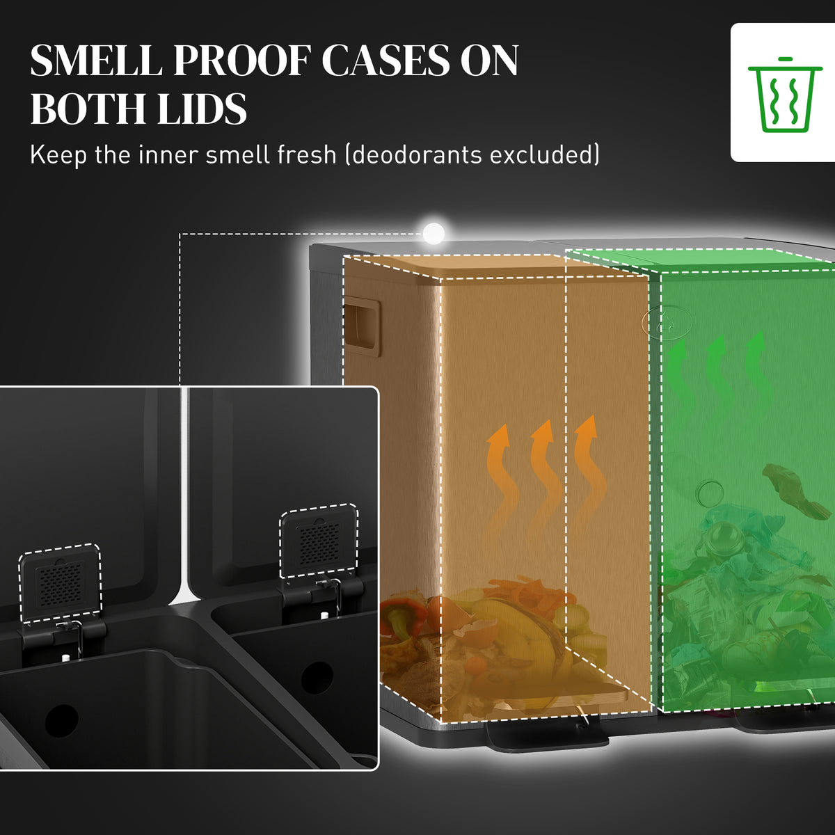 30L Dual Compartment Stainless Steel Bin, with Deodoriser Holders - Black