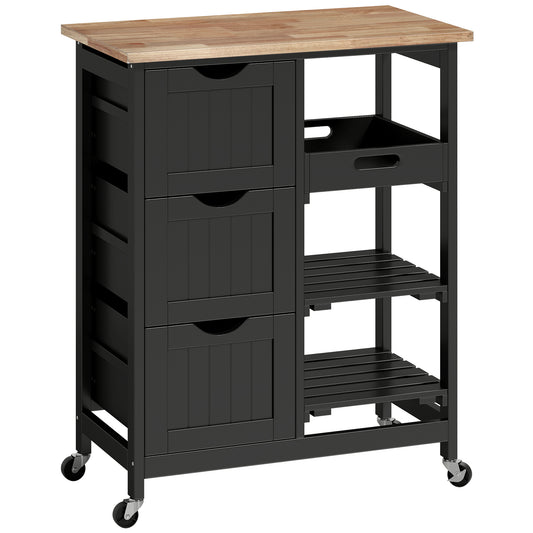 Rolling Kitchen Island Cart, Bar Serving Cart, Compact Trolley on Wheels with Wood Top, Shelves & Drawers for Home Dining Area