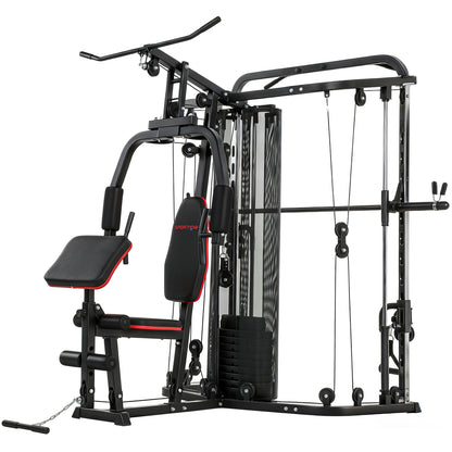 Home Multi Gym Smith Machine with 65kg Weight Stack, Cable Pulley System, Chest Station, Preacher Pad & Leg Developer