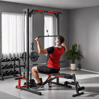 Cable Crossover Machine, Multi-Function Power Rack with Pull Up Bar, Lat Pull Down System, Squat Rack, Barbell Bar