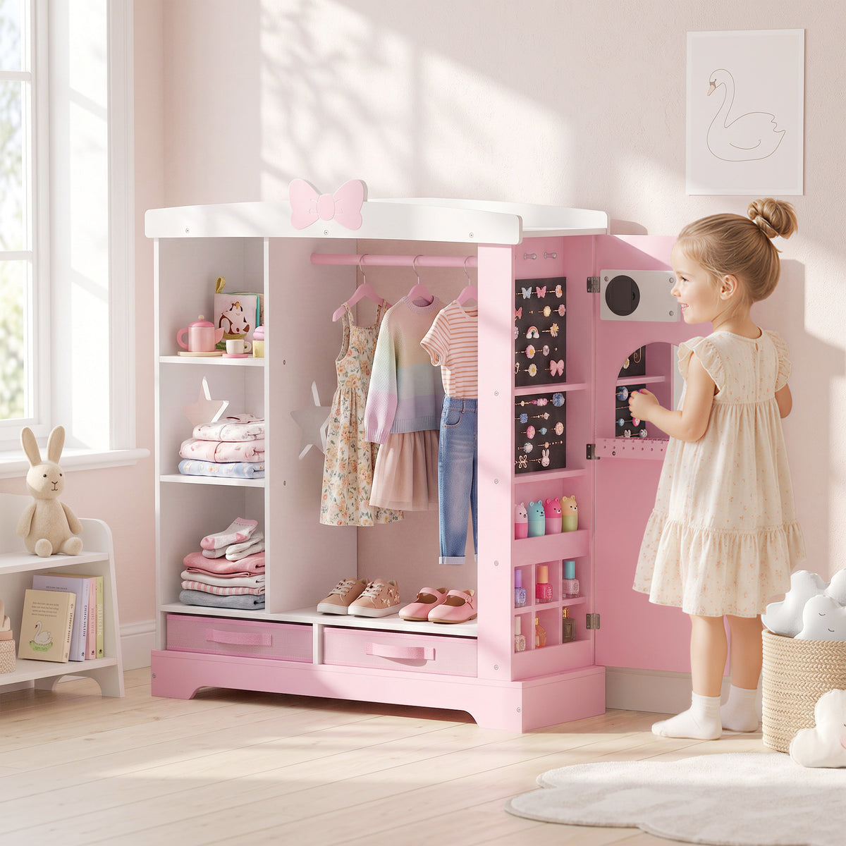 Kids Wardrobe with Lighted Mirror, Clothes Rail, Jewelry Cabinet, Shelves, Storage Boxes for Bedroom, Nursery, Pink
