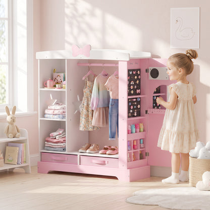 Kids Wardrobe with Lighted Mirror, Clothes Rail, Jewelry Cabinet, Shelves, Storage Boxes for Bedroom, Nursery, Pink