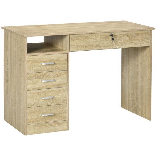 Computer Desk with 5 Drawers, Home Office Desk with Lockable Drawer and Storage Shelf, Study Table for Bedroom, 110 x 50 x 76 cm