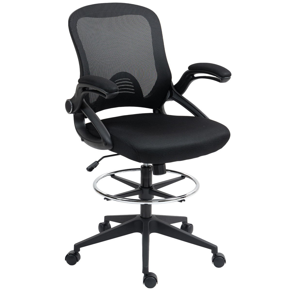 Drafting Chair with Flip-up Armrest, Mesh Office Stool with Foot Ring, 360 Degree Swivel Height Adjustable Chair for Standing Desk, Black