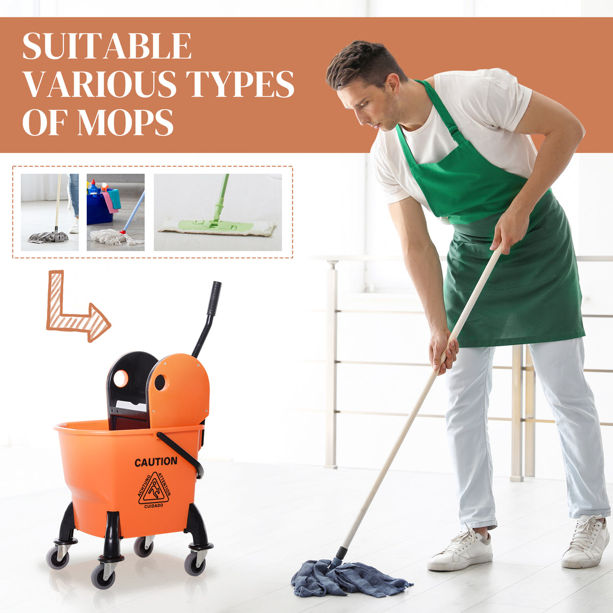 25L Mop Bucket, with Wringer, Wheels and Handle - Orange