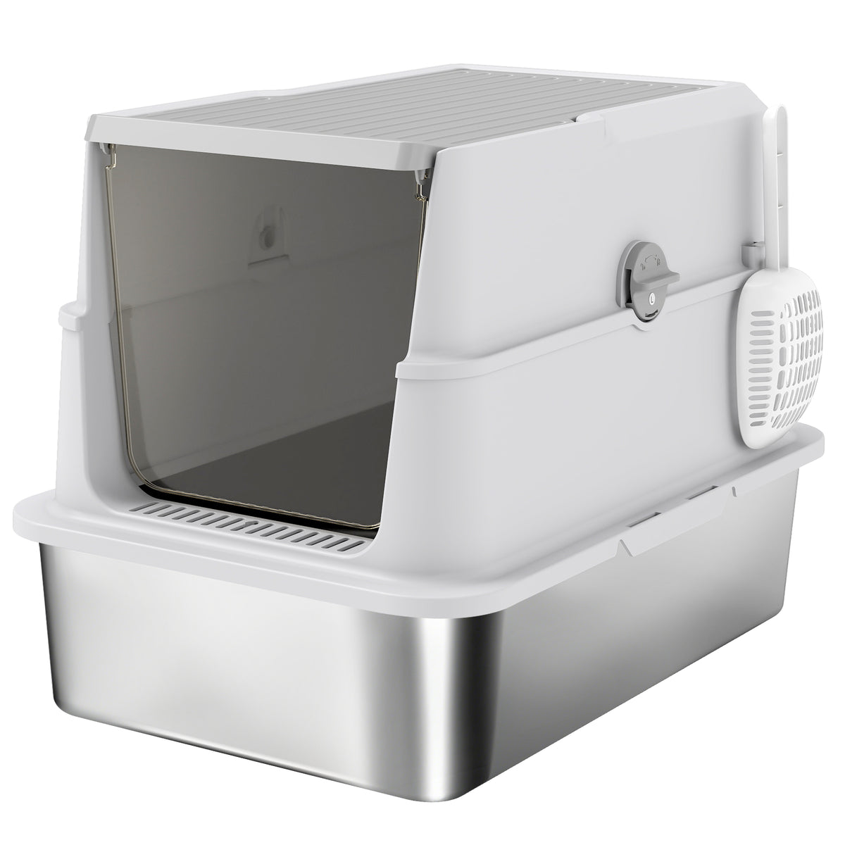 Extra Large Stainless Steel, Cat Litter Tray with Scoop, Flip Top