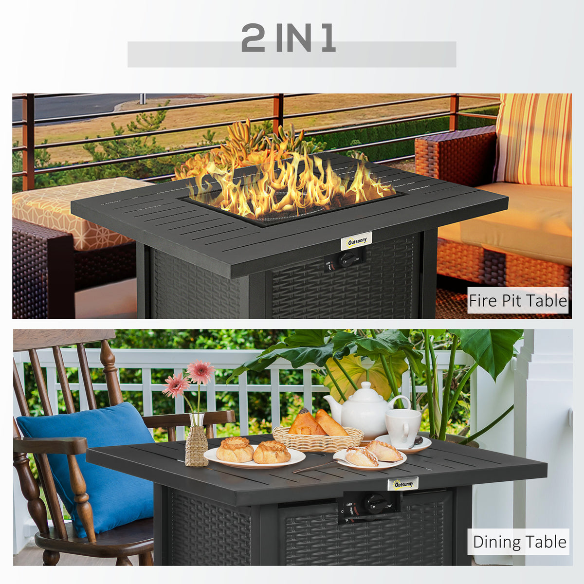 Rattan-style Propane Gas Fire Pit Table with 40, 000 BTU Burner, Square Smokeless Firepit Patio Heater with Thermocouple, Lava Rocks, Waterproof Cover, Spark Guard and Lid