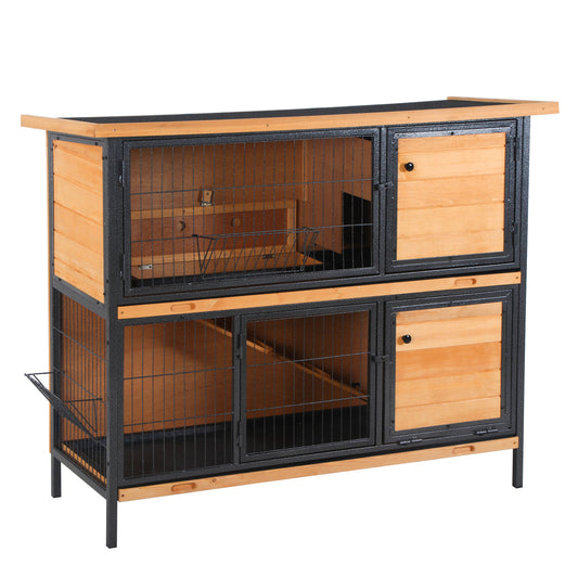 Rabbit Hutch Outdoor Guinea Pig Hutch Bunny Cage Metal Frame with No-Leak Tray Openable Roof Light Yellow 122 x 50 x 101cm