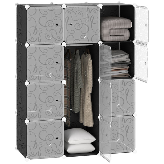 Portable Wardrobe for Bedroom, 12 Cube Closet with 2 Hanging Rails, Modular Storage Cabinet, Plastic Armoire for Space Saving, White and Black