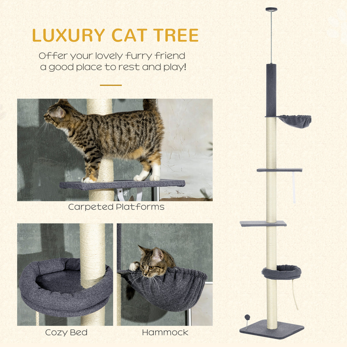 240-270cm Floor-To-Ceiling Cat Tree, 5 Tier Cat Climbing Tower, with Bed, Hammock, Platforms, Dark Grey and Cream