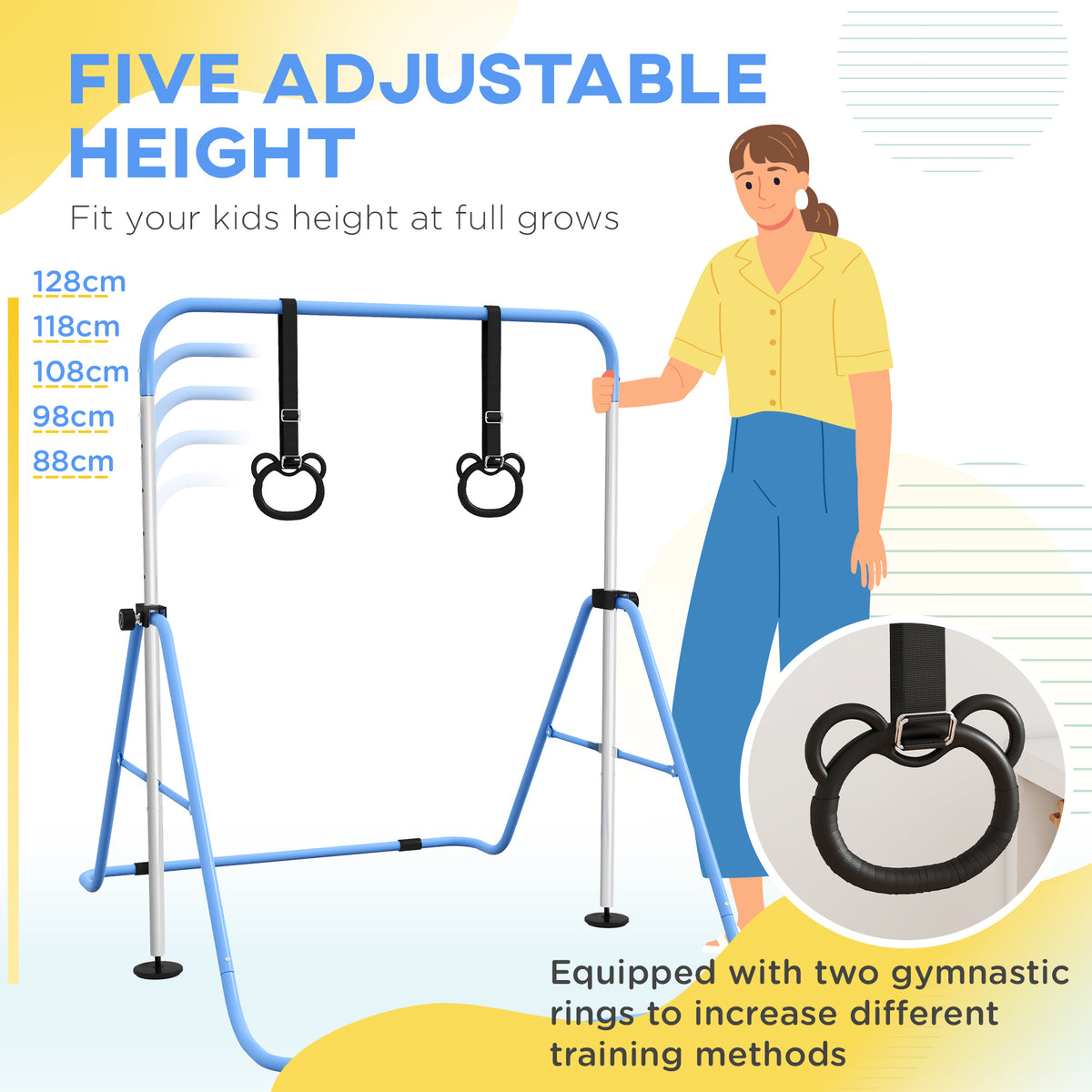 Adjustable Height, Foldable Kids Gymnastics Bar w/ Non-slip Rubber Floor Rings, for 3+ Years