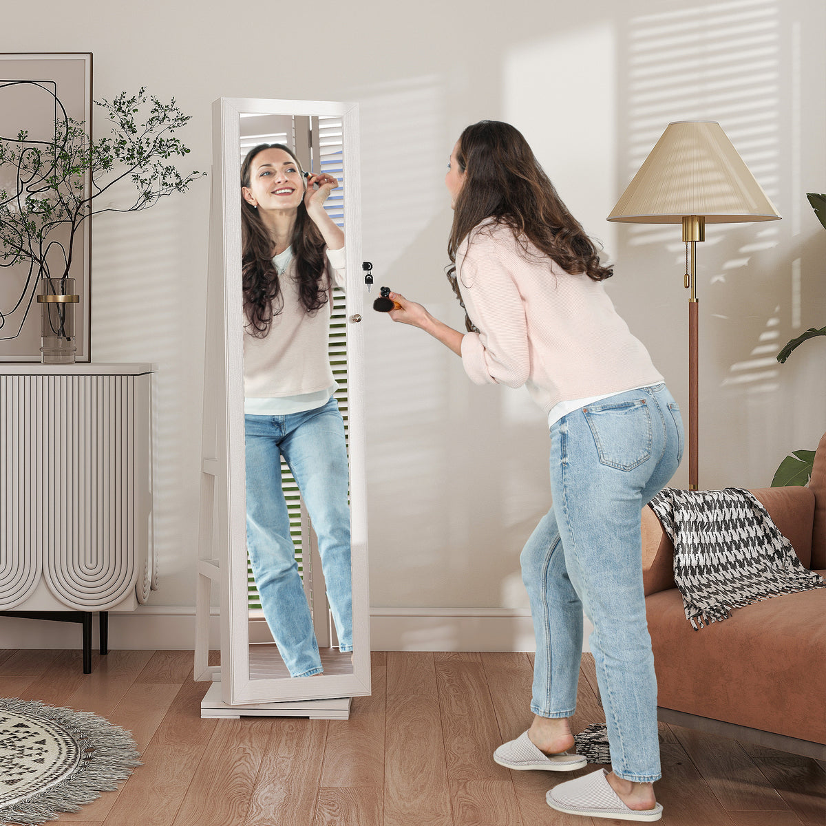 360° Swivel Jewellery Cabinet, Free Standing Full Length Mirror with Storage, Lockable Jewellery Organiser with Built-in Makeup Mirror and Storage Shelves for Bedroom