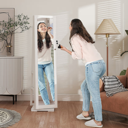 360° Swivel Jewellery Cabinet, Free Standing Full Length Mirror with Storage, Lockable Jewellery Organiser with Built-in Makeup Mirror and Storage Shelves for Bedroom