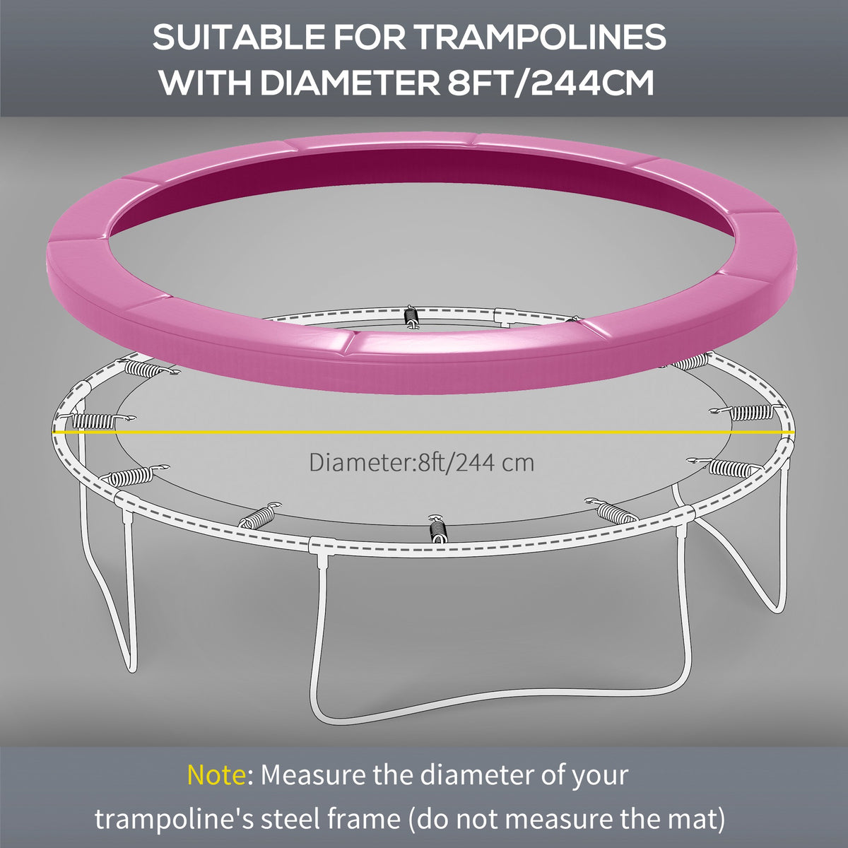 8FT Trampoline Spring Cover, Plastic Trampoline Pad Replacement with Elastic Cord, Waterproof, UV Resistant and Tear-Resistant, No Holes for Pole, Pink