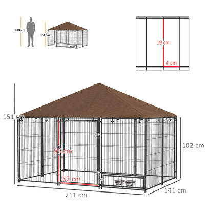 Large Dog Kennel Outdoor Dog Play Pen with Canopy Rotating Bowl for Large Dogs, Brown