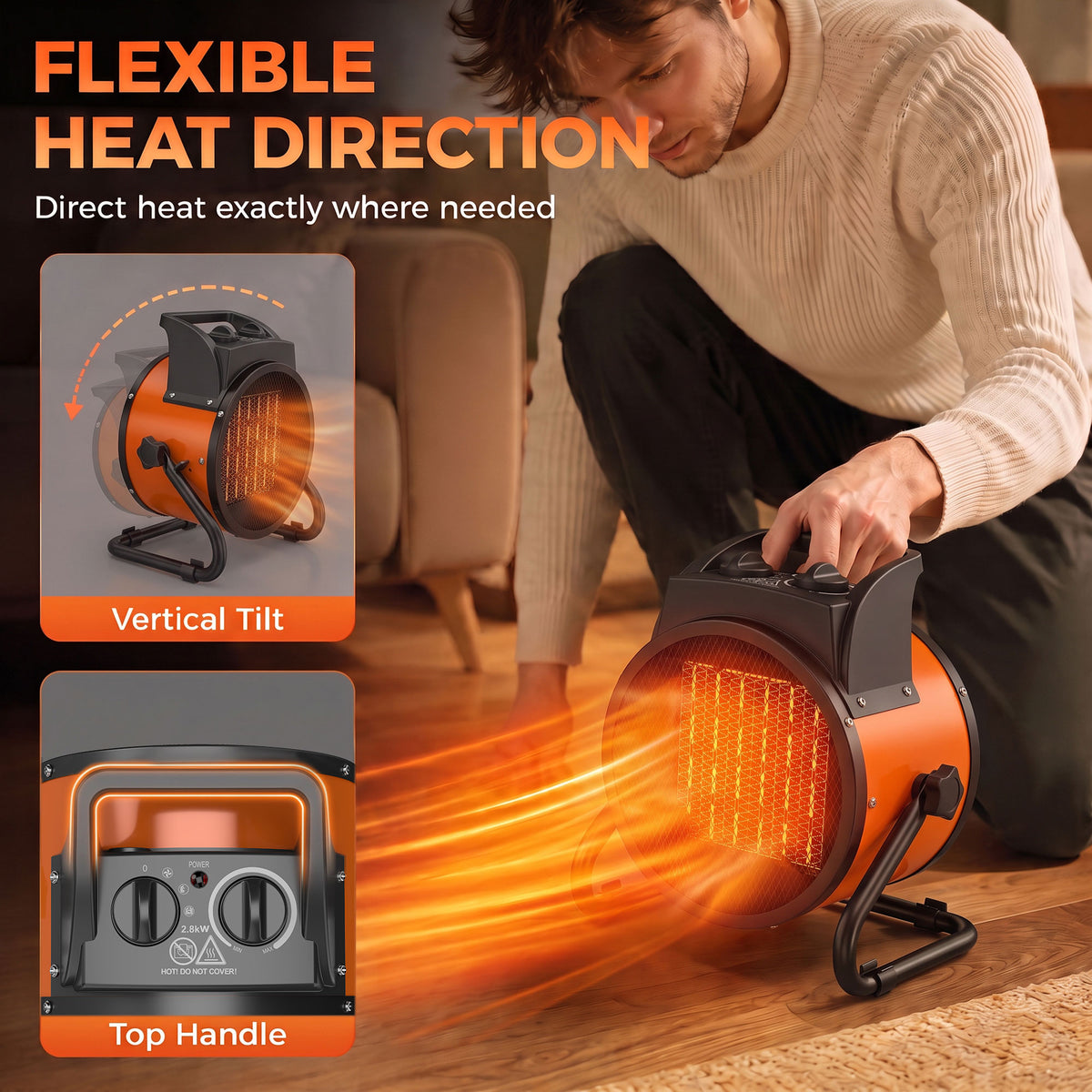 Industrial Fan Heater 2800W with Tilting, Electric Ceramic Space Heater with Adjustable Thermostat, Handle