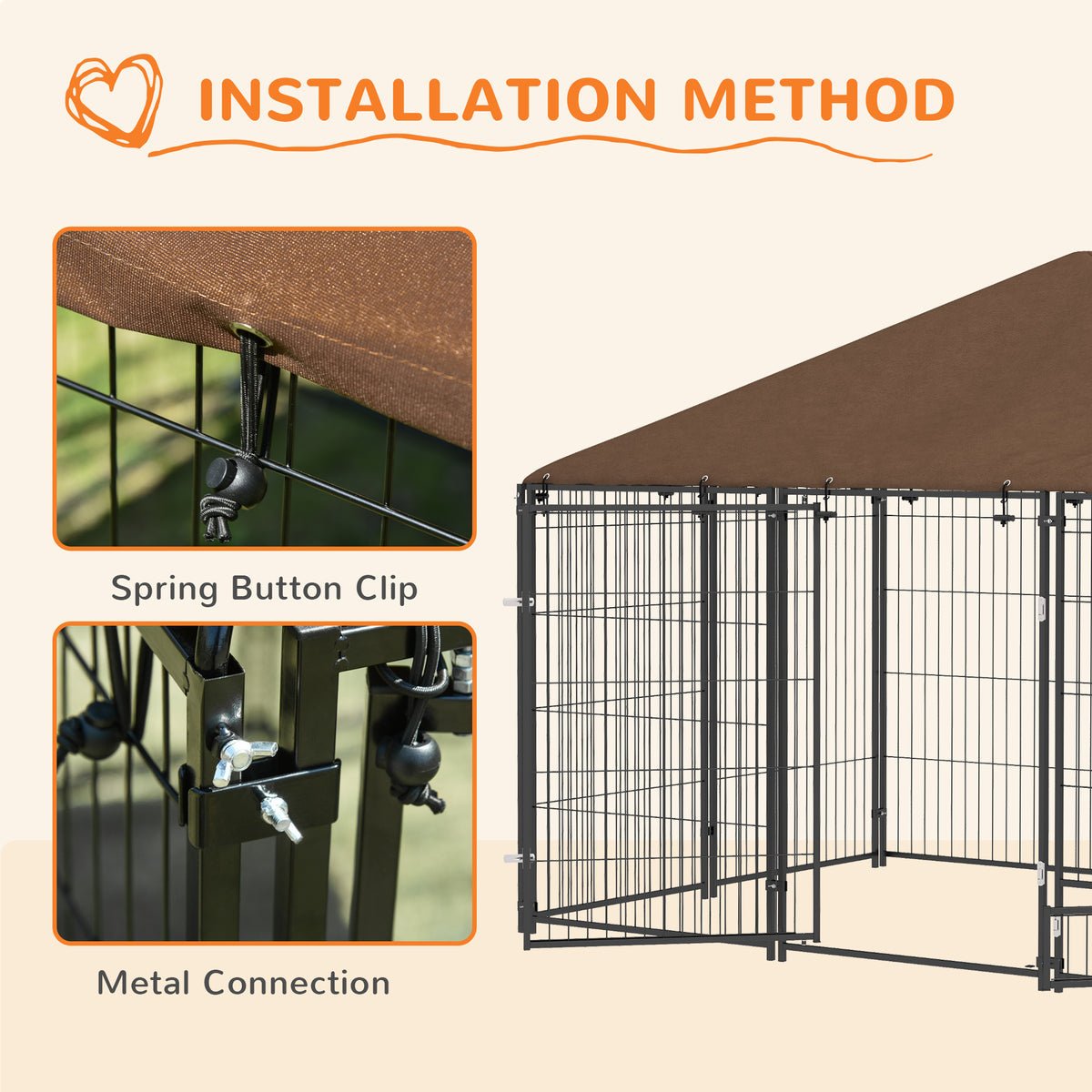 Large Dog Kennel Outdoor Dog Play Pen with Canopy Rotating Bowl for Large Dogs, Brown