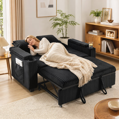 2 Seater Sofa Bed, Pull Out Sleeper Sofa w/ Adjustable Backrest, Storage Armrests, Cup Holders, Side Pockets