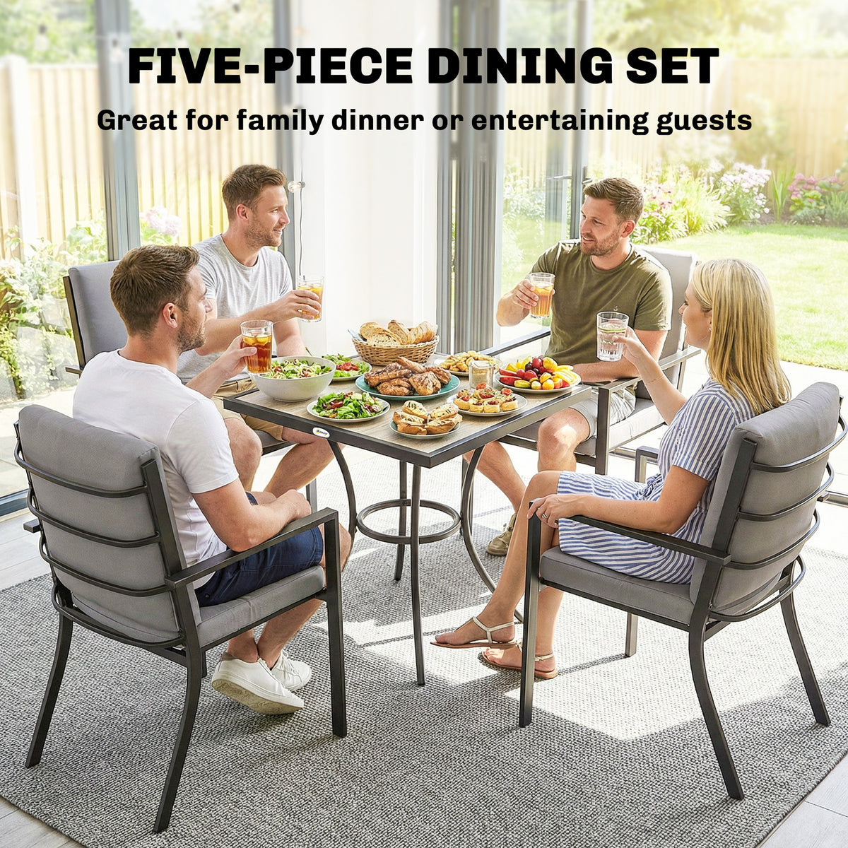5 Pieces Outdoor Dining Set with Cushions, Garden Dining Set for 4 with Square Table and Stackable Chairs