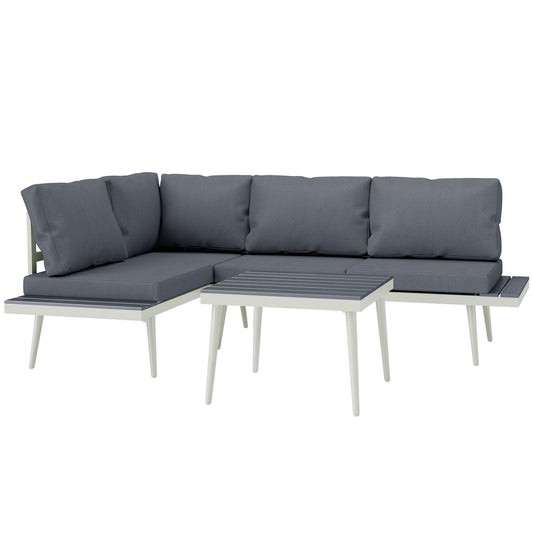 3 Piece Garden Furniture Set with 5-Level Adjustable Lounger, L Shaped Garden Corner Sofa with Cushions, Mesh Seat, Slatted Wood-Grain Table, Outdoor Furniture Set for Conservatory, Grey