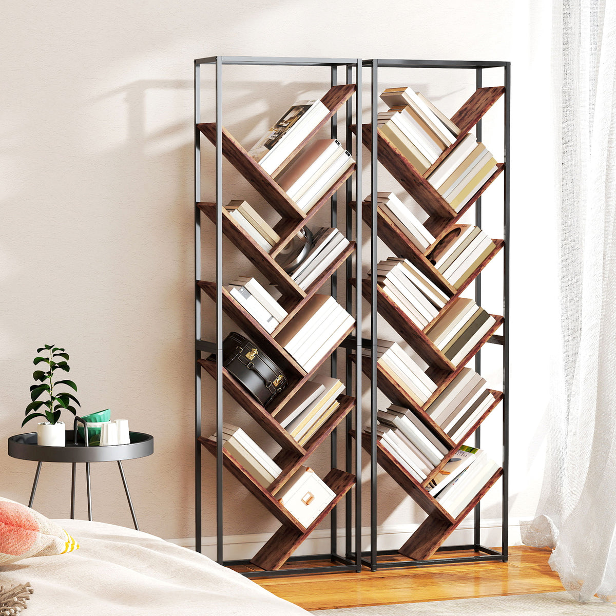 10 Shelf Industrial-Style Bookshelf - Black/Brown