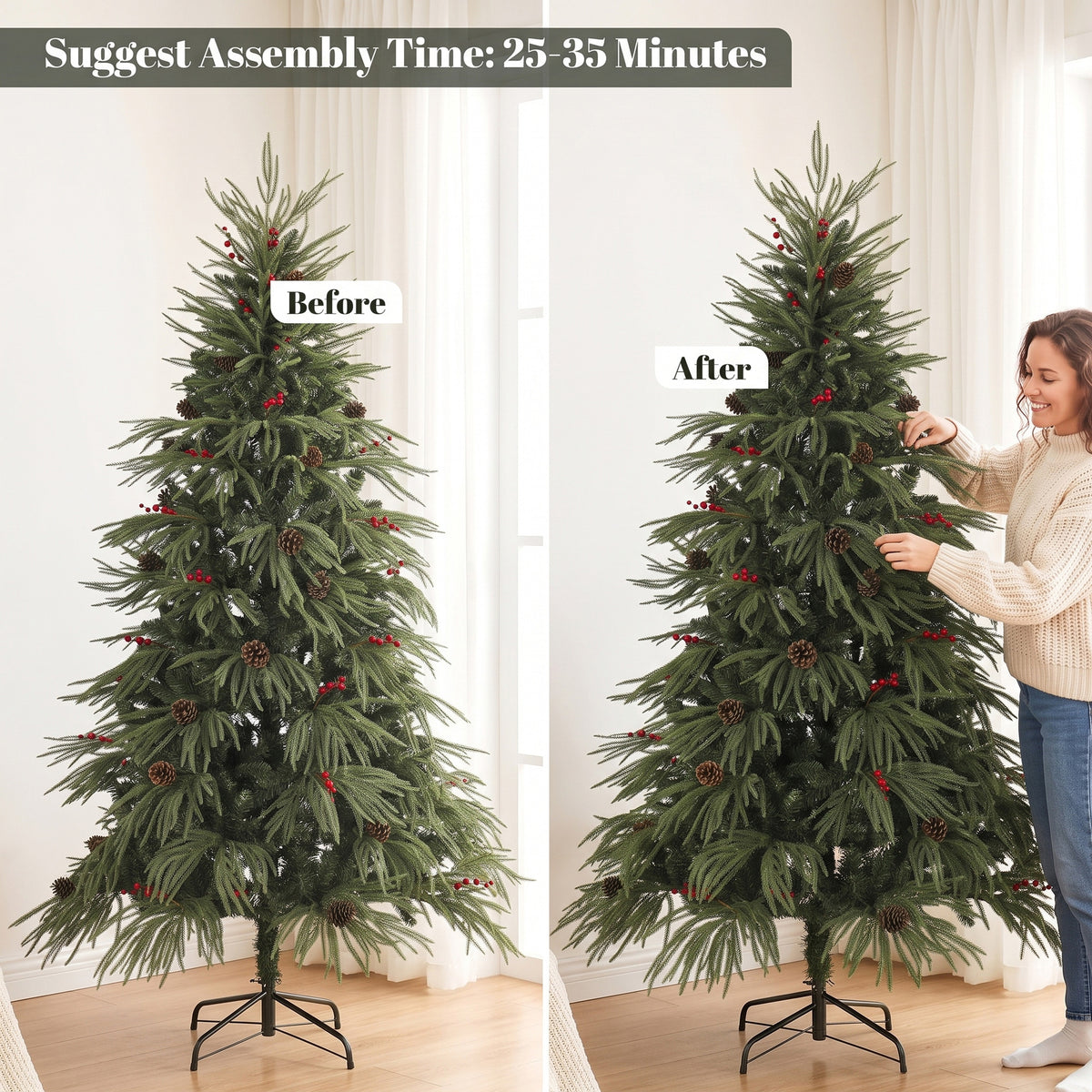 6ft Artificial Christmas Tree with Pinecones, Red Berries, Hinged Predecorated Xmas Tree with 2843 Branch Tips