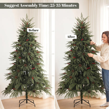 6ft Artificial Christmas Tree with Pinecones, Red Berries, Hinged Predecorated Xmas Tree with 2843 Branch Tips