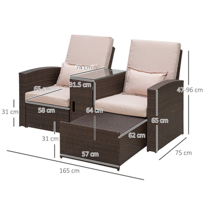 2-Seater Rattan Sofa Lounger Set-Brown