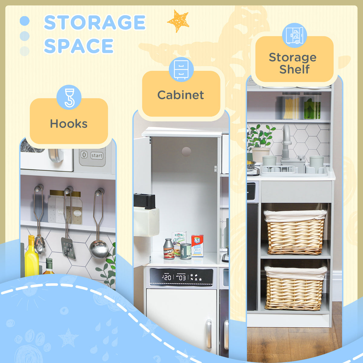 Pretend Play Toy Kitchen, Kids Kitchen Playset w/ Sounds, Lights, Running Water, Coffee Maker, Refrigerator