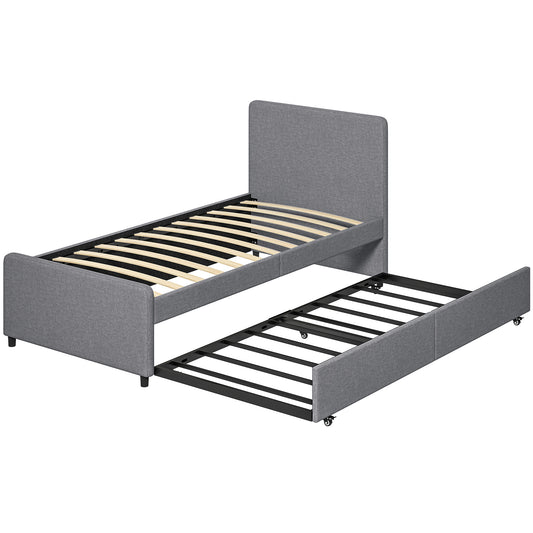 3ft Single Bed Frame with Trundle, Upholstered Pull Out Trundle Bed with Headboard and Footboard