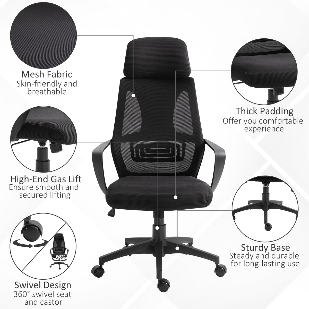 Ergonomic Office Chair, High Back Computer Chair, Mesh Desk Chair with Lumbar Support, Headrest, Wheel, Adjustable Height, Black