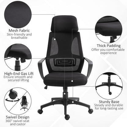 Ergonomic Office Chair, High Back Computer Chair, Mesh Desk Chair with Lumbar Support, Headrest, Wheel, Adjustable Height, Black