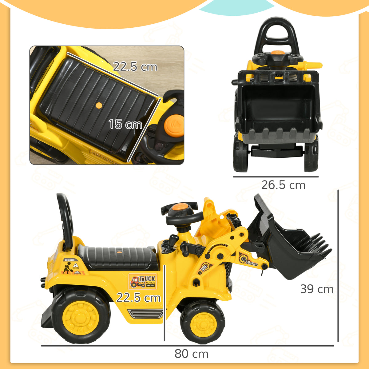 Ride On Tractor, 3 in 1 Ride On Excavator Toy, Toddler Digger Bulldozer with Storage, Pretend Play Construction Truck, NO POWER for 18-48 Months, Yellow