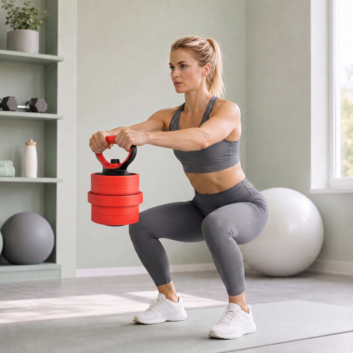 20kg 6-In-One Adjustable Weight Dumbbells Set, Barbell, Kettlebell, Push Up Stand - Red