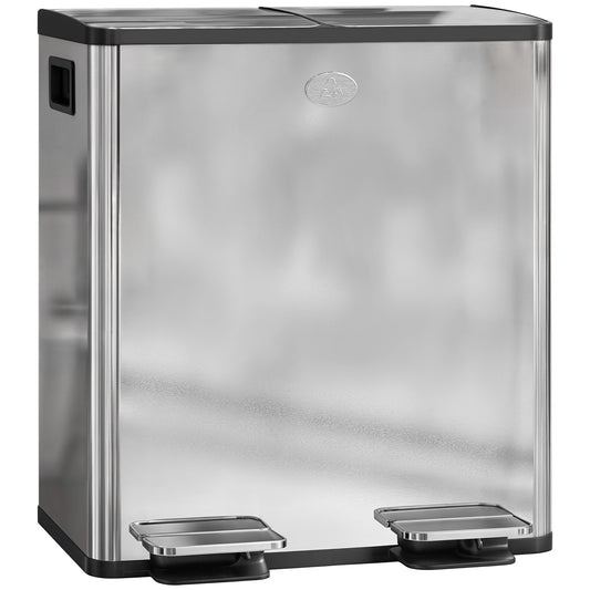 40L Dual Compartment Stainless Steel Bin, with Deodoriser Holders - Silver Tone