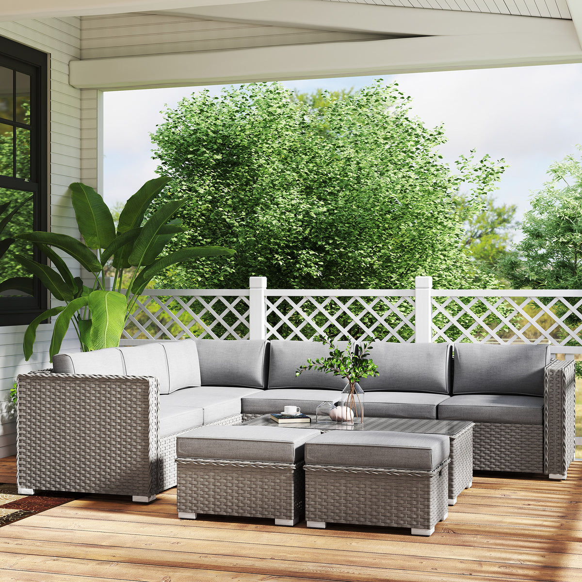 6 Pieces Outdoor PE Rattan Wicker Corner Sofa Set with Glass Top Coffee Table, Aluminium Conservatory Furnitur, Grey