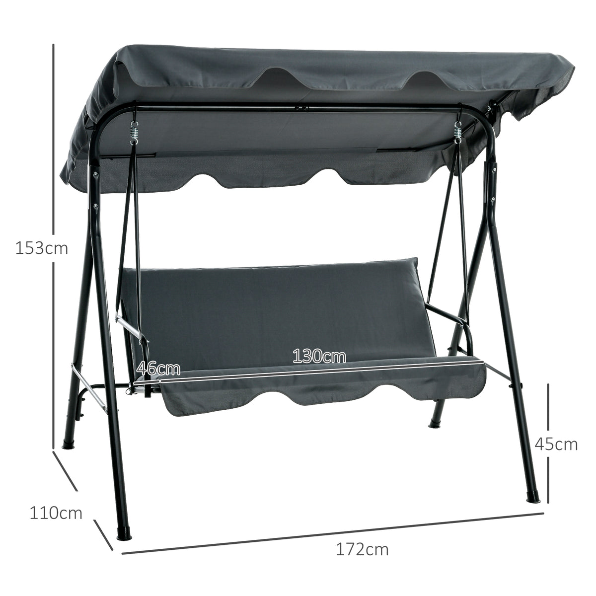 3 Seater Garden Swing Chair, Outdoor Swing Chair with Adjustable Canopy, Mental Frame & Cushions, Grey