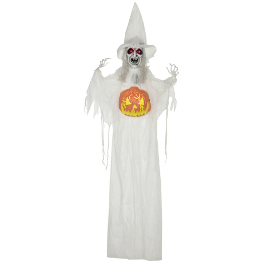 6ft Outdoor Halloween Decoration Witch with Pumpkin, Hanging Skeleton Witch Prop Life Size with Sound and Motion Activated, Light Up Eyes, Laughing Sound, Posable Arms, White