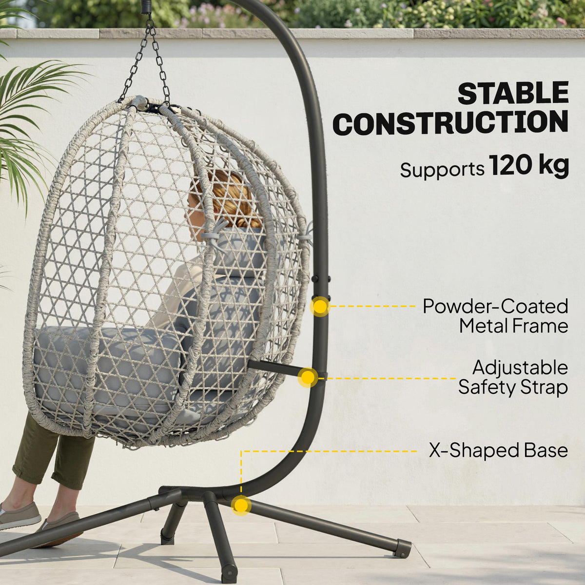 Hanging Egg Chair, Indoor Outdoor Rattan Hammock Swing Chair with Stand, Safety Strap, Foldable Basket