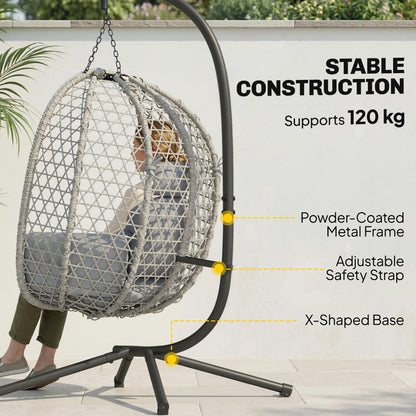 Hanging Egg Chair, Indoor Outdoor Rattan Hammock Swing Chair with Stand, Safety Strap, Foldable Basket