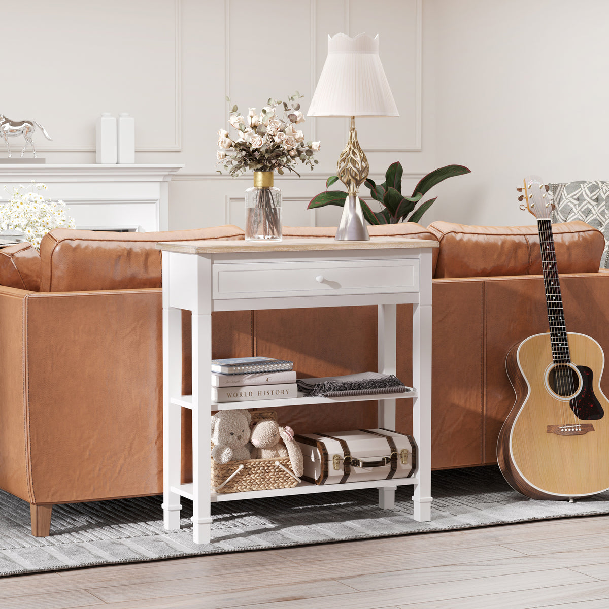 Console Table Hallway Side Desk 1 Drawer 2 Shelves Worktop Handle Retro Style Home Display Storage for Bedroom Livingroom