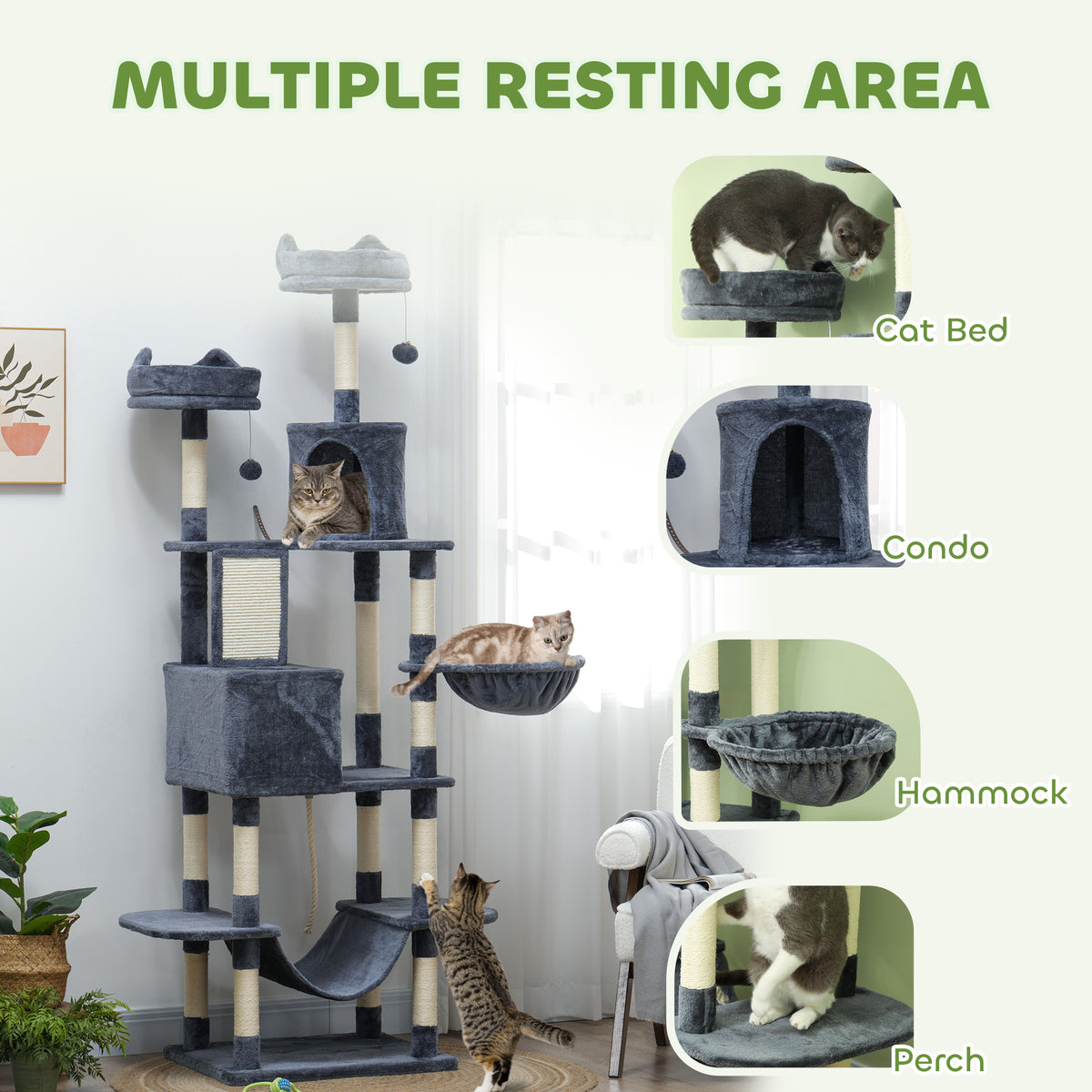 206cm Cat Tree, Multi-Level Cat Tower with Scratching Posts and Board, Beds, Condos, Platforms, Toy Balls, Dark Grey
