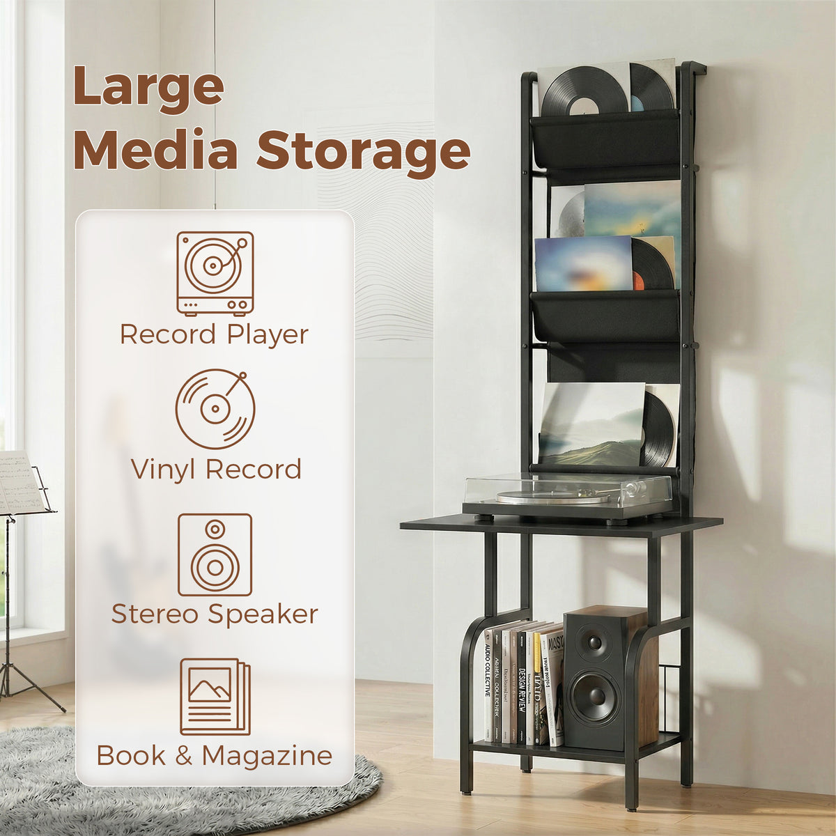 Vinyl Record Player Stand Record Storage with Player Stand Oxford Fabric Pockets Bottom Shelf