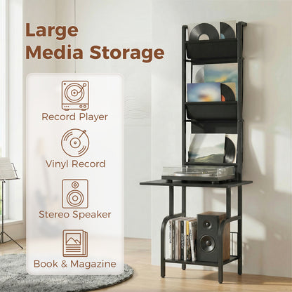 Vinyl Record Player Stand Record Storage with Player Stand Oxford Fabric Pockets Bottom Shelf